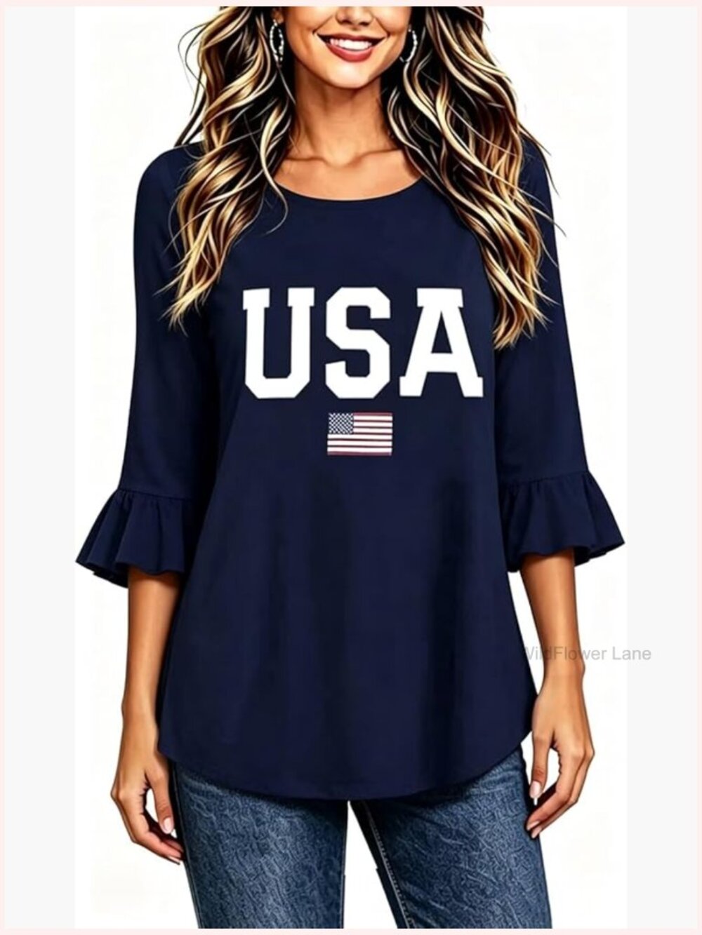 Patriotic Flowy Tunic Blouse 3/4 Bell Sleeve Ruffle Sleeve Casual Top - Picture 1 of 7
